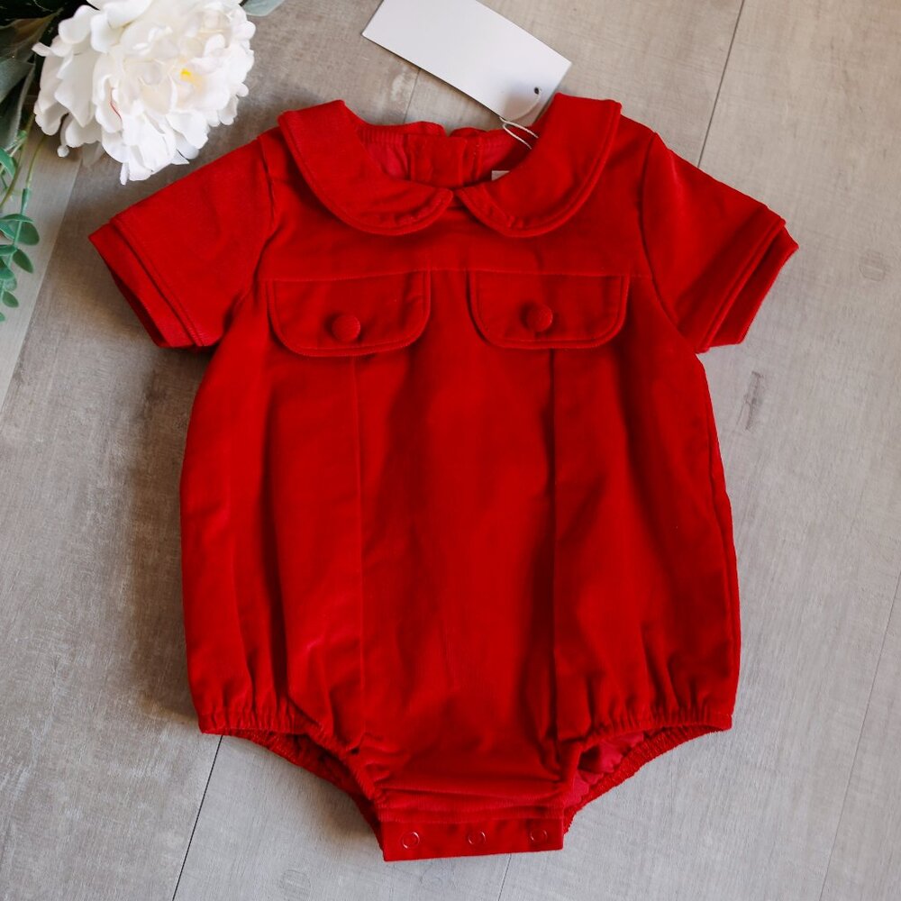 Boy's Red Pin Wale Corduroy Romper Creeper Boutique Portrait Fall Preppy NWT
